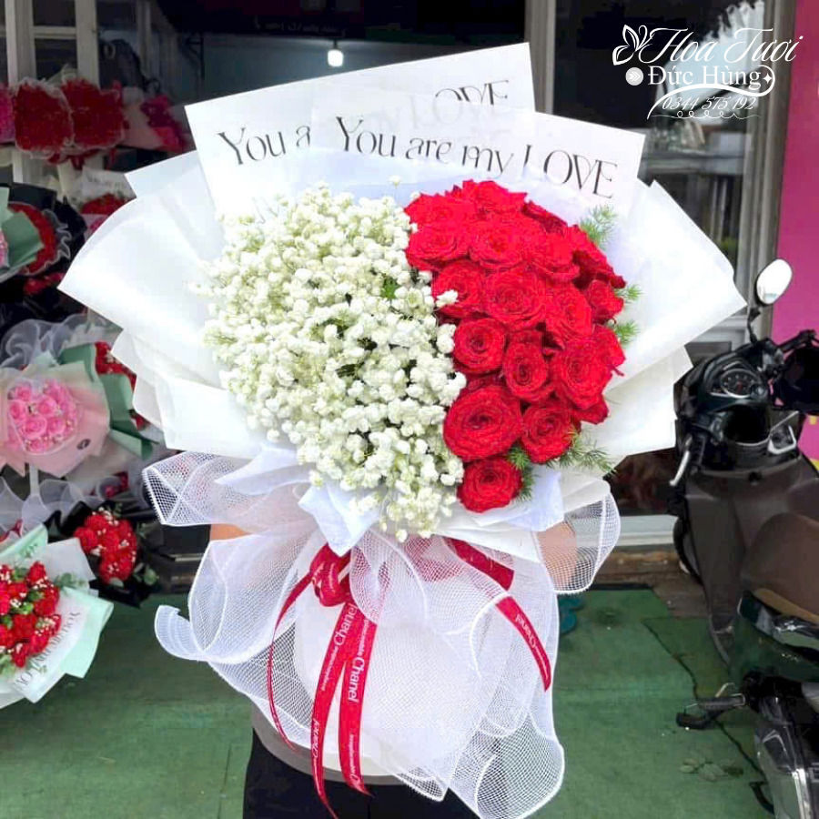 Hoa Trái Tim Đỏ Baby Trắng